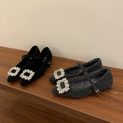 2025 Inner height-increasing rhinestone fluffy shoes women's winter velvet warm cotton shoes single shoes  temperament fairy Mary Jane shoes