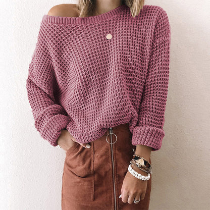 jinran discover style ideas 2024 New Sweater Women's Solid Color Loose Oblique Collar Long Sleeve Knitted Top Autumn and Winter Sweater