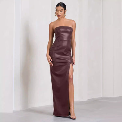 jinran 2024 fall fashion trends Summer Women's Sexy Tube Top Dress off-the-Shoulder Slim-Fit Long PU Leather Dress for Women