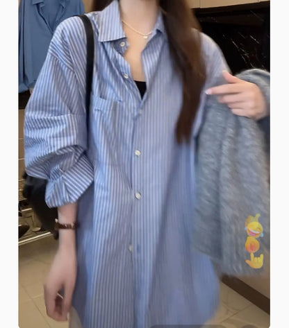 Blue striped long-sleeved shirt jacket women's new popular spring and summer Korean lazy loose top in 2025
