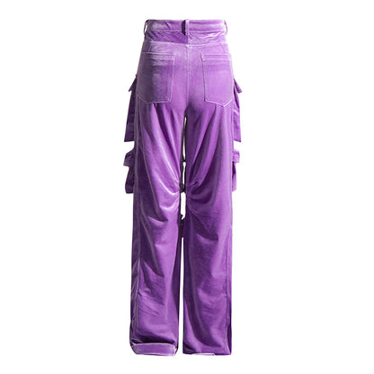2025 spring new fashion design sense splicing pocket decorative design sense high waist velvet pants straight overalls