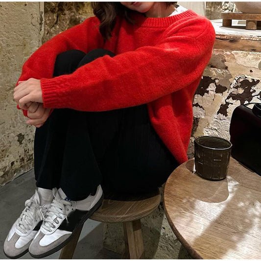 jinran Winter Fashion Color Trends for 2024 - the red details round Neck Long Sleeve Sweater 2024 Fashion Women's Autumn Loose Casual Pullover