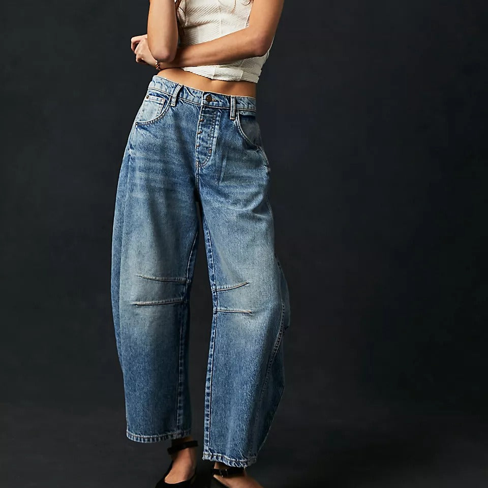 jinran 2024 fall fashion trends Casual Women's Loose Wide-Leg Pants Mid-Low Waist Washed Denim Trousers