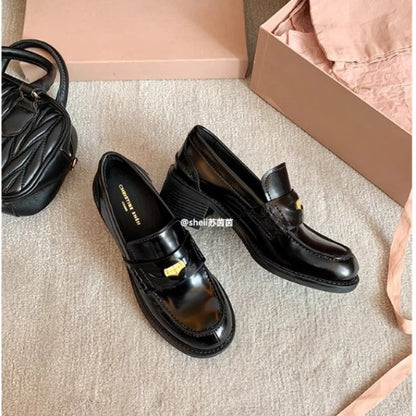 2025 Cowhide version~ Xingshengda shoes British style A miu small gold coins thick heel lazy loafers women's small leather shoes