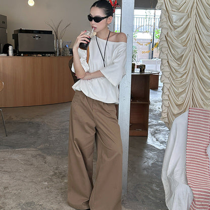 jinran summer outfits inspo Street Wide-Leg Workwear Straight Casual Pants Pleated Loose Slimming Mop Straight Pants K335