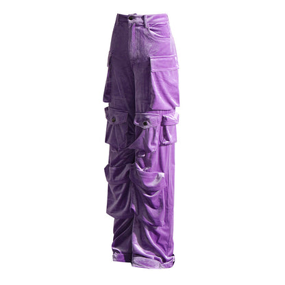 2025 spring new fashion design sense splicing pocket decorative design sense high waist velvet pants straight overalls