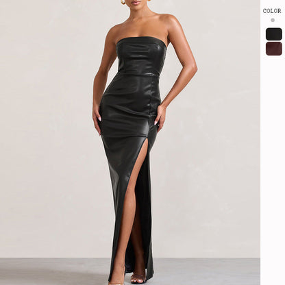 jinran 2024 fall fashion trends Summer Women's Sexy Tube Top Dress off-the-Shoulder Slim-Fit Long PU Leather Dress for Women