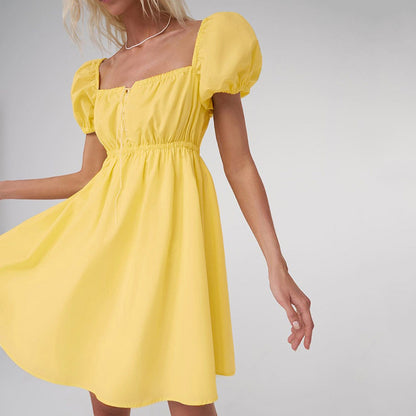 2025 summer  short-sleeved short skirt women's collar hollow bow temperament pure cotton bubble sleeve dress women's clothing