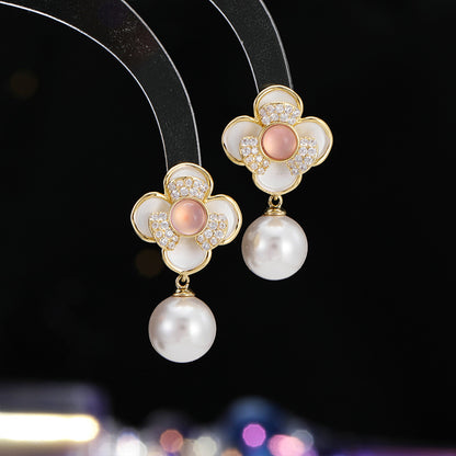 2025 High-end earrings female niche fresh fairy wind jade light luxury inlaid zircon s925 silver needle camellia earrings