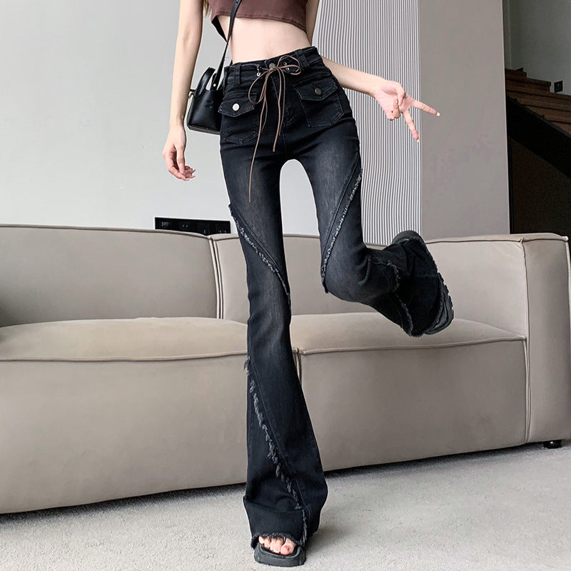 jinran concert outfit ideas American-Style Retro Frayed Lace-up Micro-Pull Denim Trousers Women's New Hot Girl High Waist Stretch Flared Pants