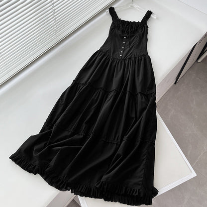 jinran 2024 new lazy holiday style pleated edge front button design super long dress goddess skirt big swing skirt 3405
