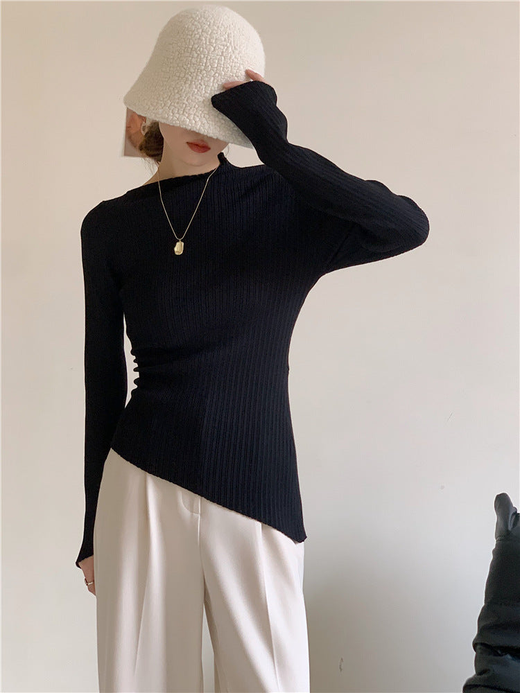 jinran fall 2024 fashion trends Oblique Collar off-the-Shoulder Irregular Thread Slim Slimming Sexy Temperament Bottoming Shirt Sweater for Women