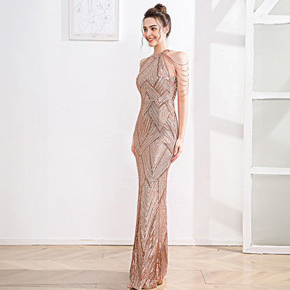 2025 High-end evening dress dress female fishtail champagne high-end texture celebrity fairy banquet temperament light luxury niche host