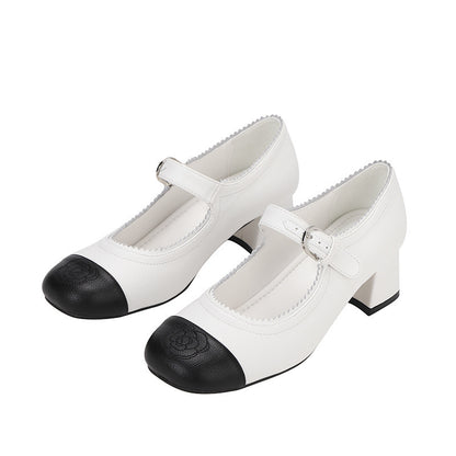 2025 Cowhide version~ High-heeled new Xiaoxiangfeng Mary Jane shoes for women's leather thick heel one-word buckle black and white color matching single shoes for women