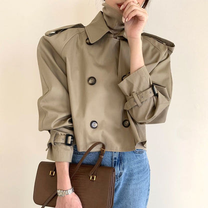 jinran 2024 fall fashion trends Spring and Autumn Retro Lapel Design Double Breasted Loose All-Match Long Sleeve Short Trench Coat for Women