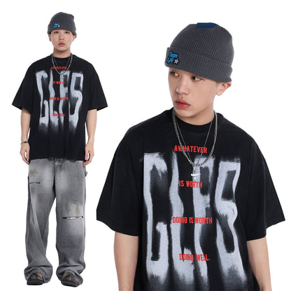 2025 JT916 2025n street 2025 summer washed and old high-end design men's loose letter picture short-sleeved T-shirt