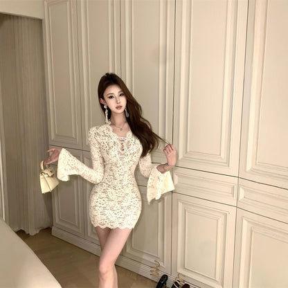 2025 new women's clothing fashion V-neck lace lace slim-fitting and thin bottoming dress small bag arm skirt