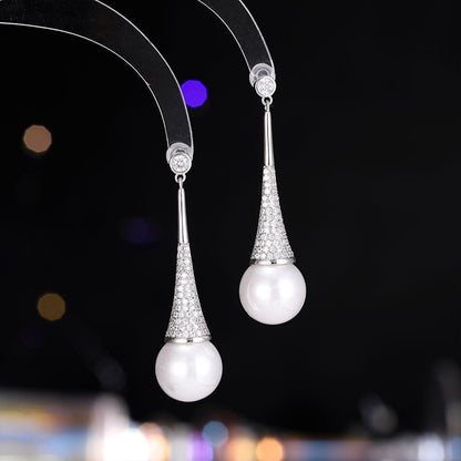 2025 new high-end temperament earrings, exquisite niche unique design inlaid zircon pearl long earrings