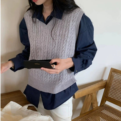 jinran classy outfits men Preppy Style 2024 Spring Sweater Vest Loose Retro Versatile Knitted Preppy Style Age-Reducing Outer Collar Vest for Women