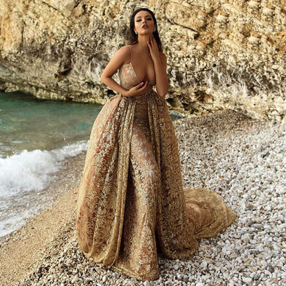 2025 Popular trade new women's dress  Dunhuang sexy V-neck suspender gold dress long dress spring