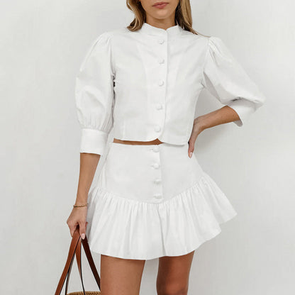 jinran fall 2024 fashion trends 2024 Summer White Lantern Sleeve Shirt Short Skirt Two-Piece Set Women's Design Sense Professional Suit Women's Clothing