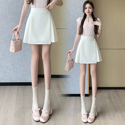 2025 Casual skirt women's  spring and summer new Chinese style pleated skirt A word short skirt retro belly cover hip skirt