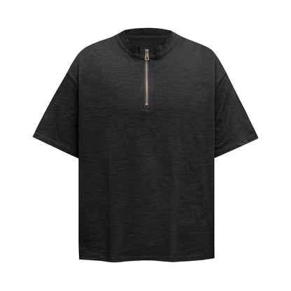 2025 6100 2025n Street 2025 Summer Solid Color Zipper Design Men's Loose Premium Sense Bamboo Cotton Short Sleeve T-Shirt