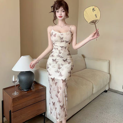 2025 summer new celebrity women's clothing  sexy butterfly print off-the-shoulder suspender dress mesh slim dress