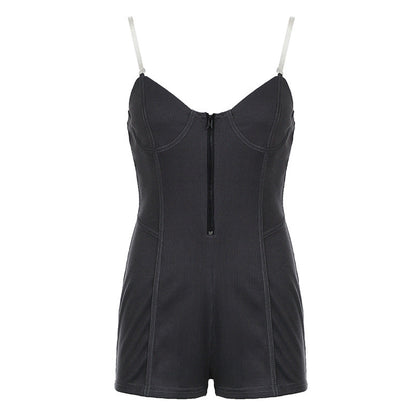 jinran fall 2024 fashion trends Knitted Rib Distressed Wrapped Chest Sleeveless Transparent Shoulder Strap Tight Slimming Sexy Special Strap Jumpsuit Shorts for Women