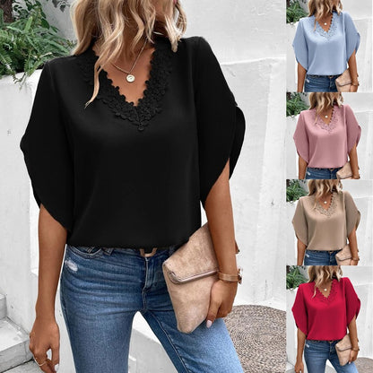2025 Popular, ,  New women's clothing summer, new solid color lace V-neck horn sleeve loose shirt blouse