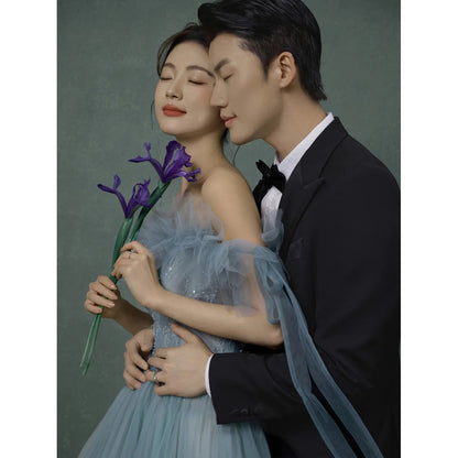 2025 new studio wedding dress Mori color photography fashionable and beautiful super fairy mesh theme sweet fluffy dress