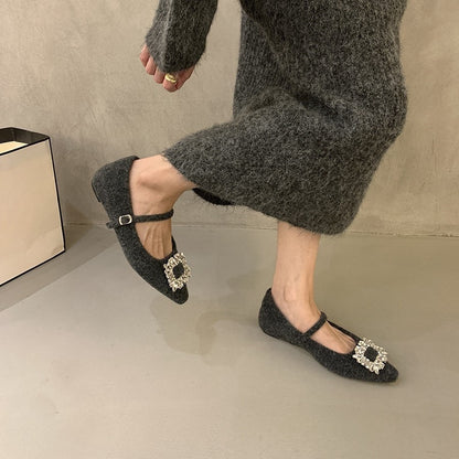 2025 Inner height-increasing rhinestone fluffy shoes women's winter velvet warm cotton shoes single shoes  temperament fairy Mary Jane shoes