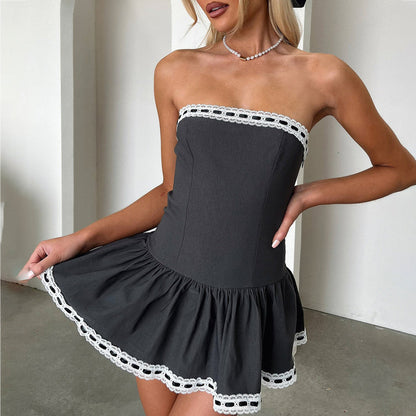 2025 Cross-border sexy lace splicing tube top dress women's pure desire spring fashion waist dress high sense
