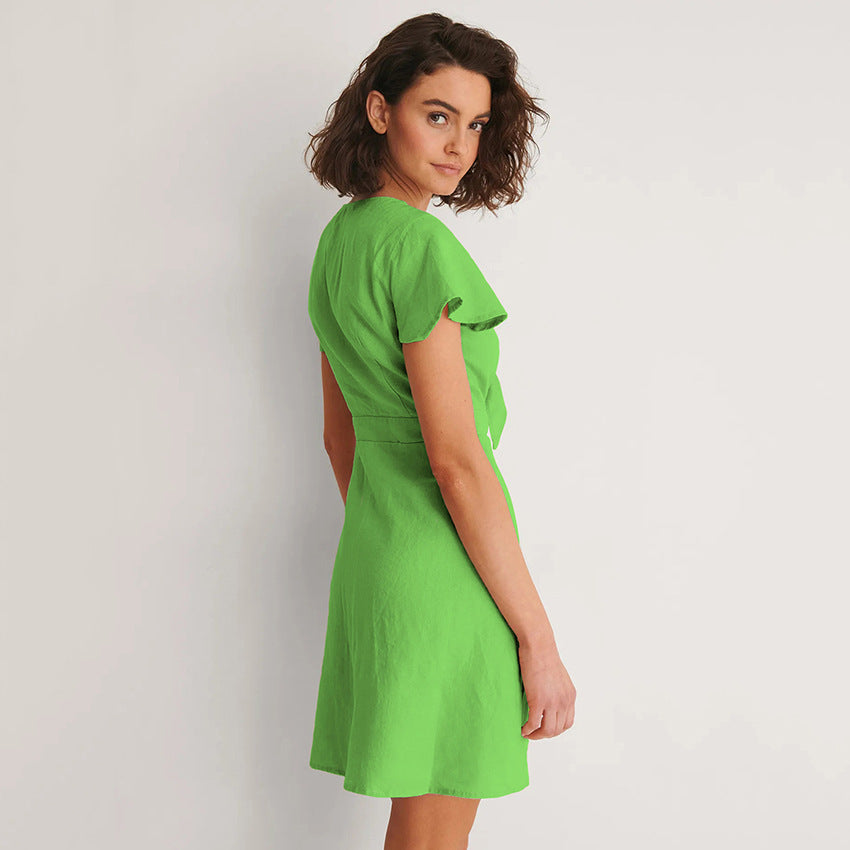 2025 summer new Feifei sleeve cotton and linen commuter dress bow V-neck hollow slim-fitting waist A-shaped skirt women