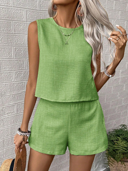 2025 New   solid color imitation cotton and linen sleeveless vest shorts casual fashion two-piece suit women
