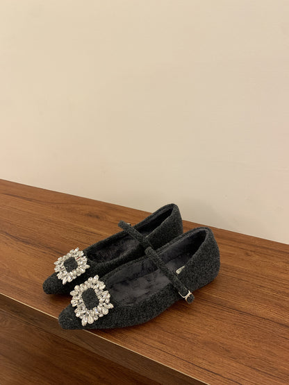 2025 Inner height-increasing rhinestone fluffy shoes women's winter velvet warm cotton shoes single shoes  temperament fairy Mary Jane shoes