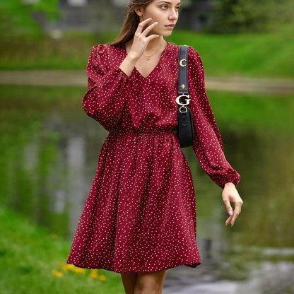 2025 spring wildberries polka dot V-neck bubble sleeve long-sleeved dress New fashion retro short skirt women