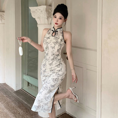 2025 Embroidery warp ink butterfly printing cheongsam dress women's  spring and summer new slim retro dress