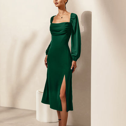 2025 slim-fitting square-neck bubble-sleeved dress, satin  temperament, medium and long skirt, lace-up, split A-shaped skirt, women's clothing
