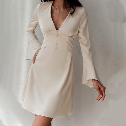 2025 temperament imitation satin acetate V-neck horn sleeve dress popular  spring new fashion wholesale women