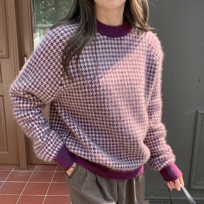 jinran fall outfit men Houndstooth Sweater for Women 2024 New Autumn and Winter Loose Korean Style Versatile Lazy Style Pullover Sweater Top for Students