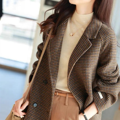 2025 new handmade medium and long temperament coat for women, small suit collar, loose plaid coat for women