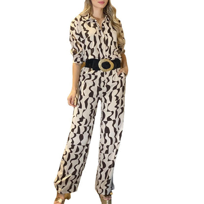 jinran 2024 fall fashion trends New Women's Fashion Printed Lapel Long Sleeve Casual Style Shirt High Waist Straight Pants Suit