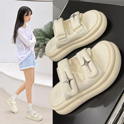 2025 Internet celebrity slippers women's summer wear fashion high sense thick bottom 5cm cross star  new super fire word sandals