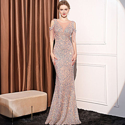 2025 Evening dress dress female high-end temperament celebrity light luxury banquet party sequins long slim and thin fishtail dress