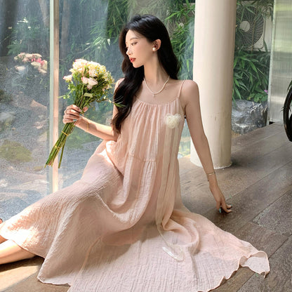 2025 texture suspender dress women's summer loose Sanya seaside vacation elegant green beach long skirt