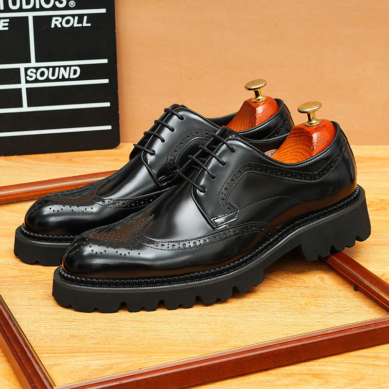 2025 [ Exclusive] Thick-soled glossy leather shoes men's British engraved Brock pointed head heightening business formal men's shoes