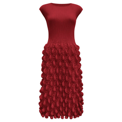 2025 summer new spot bubble pleated long dress slim pleated women's clothing solid color niche handmade sleeveless dress