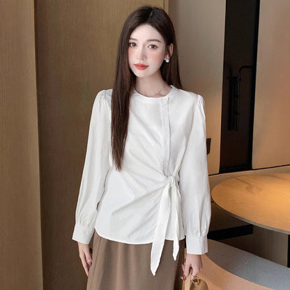 2025 White shirt women's  spring clothes new Korean version fashion pleated lace-up cotton long-sleeved casual top Popular trade waist
