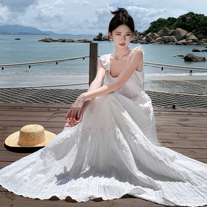 2025 sweet little flying sleeve dress women's summer square collar back strap design seaside vacation suspender dress